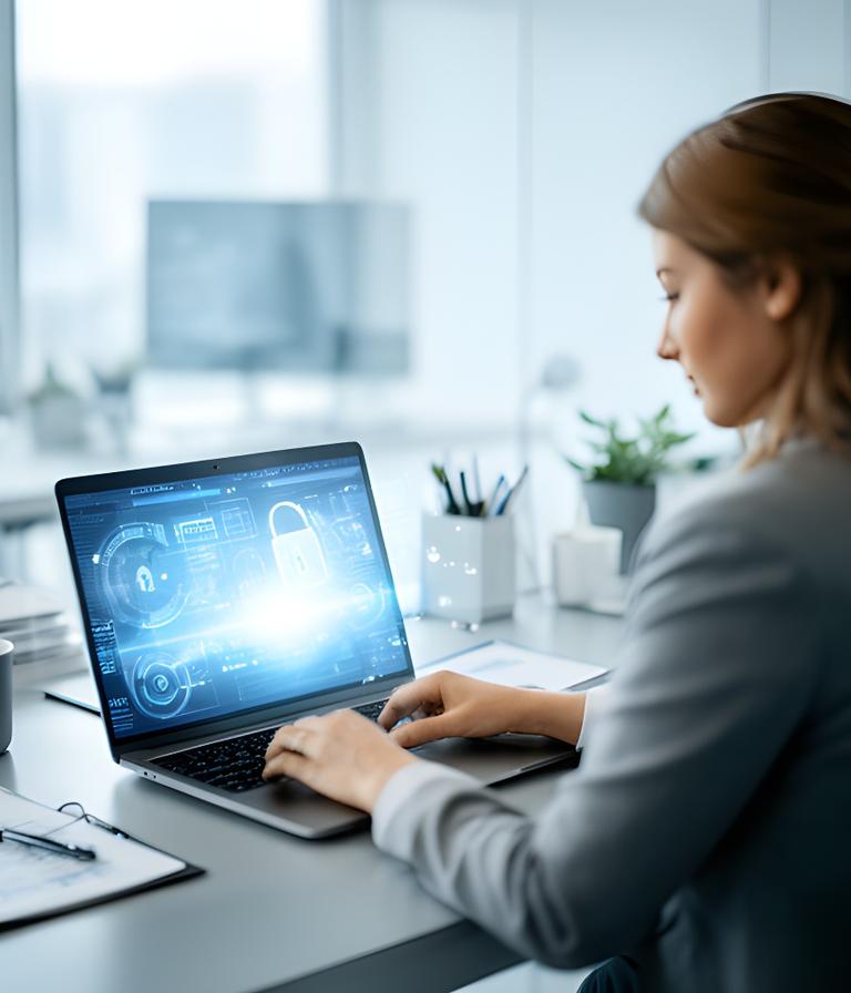 Office coordinator reviewing a secure customer service dashboard in a bright modern workspace