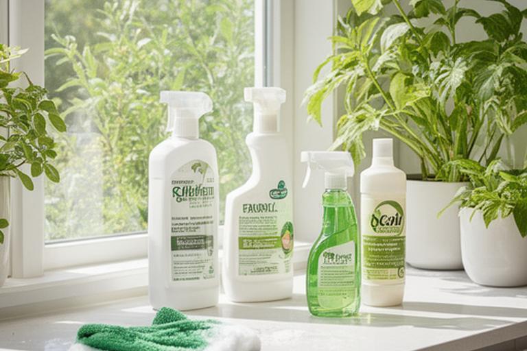 Cleaning supplies with plant-based products beside a bright window and a freshly wiped countertop