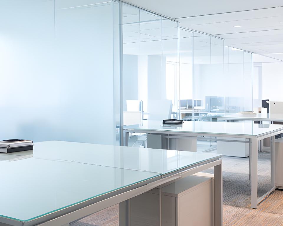 Pristine open-plan office with natural light, polished desks, and spotless glass partitions