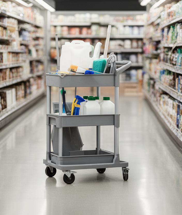 Neat cleaning cart beside a retail aisle with polished floors and organised shelving