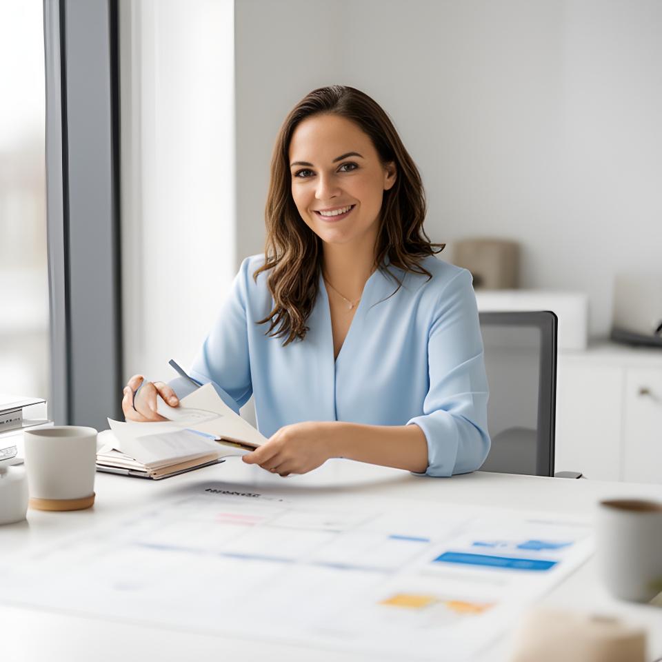 Friendly cleaning coordinator reviewing an appointment schedule in a bright office