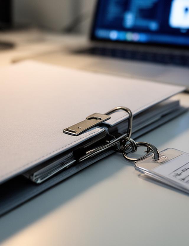 Close-up of a secured document folder with a laptop and keycard on a tidy desk