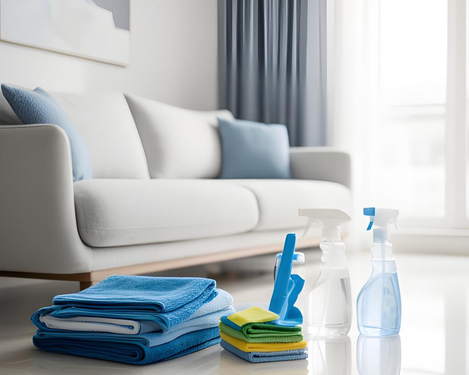 Tidy living room with folded cleaning tools beside a bright sofa and polished surfaces in a Bayou Cane home