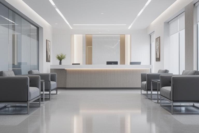 Modern office reception area with polished surfaces, tidy seating, and a clean professional finish