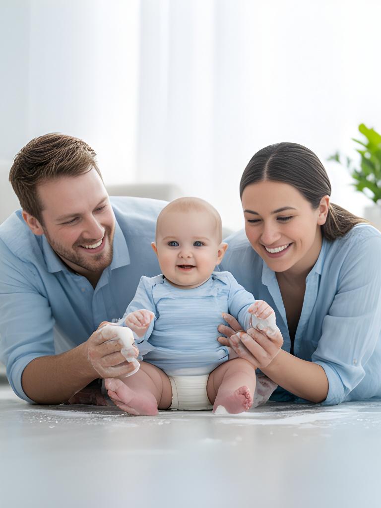 Family with a baby playing on a bright living room floor after an eco-friendly cleaning visit