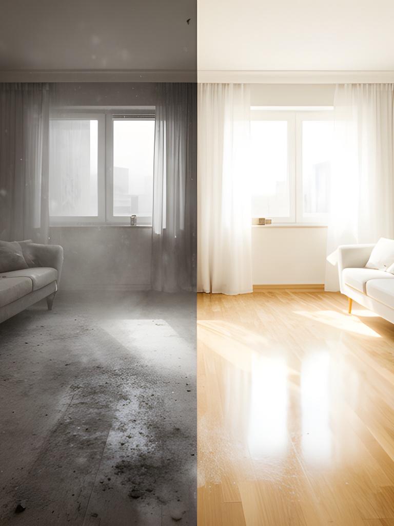 Post-construction room transformation with dusty debris replaced by a bright polished interior