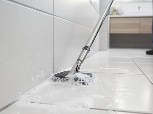 Cleaner scrubbing tile grout in a bright bathroom with professional tools