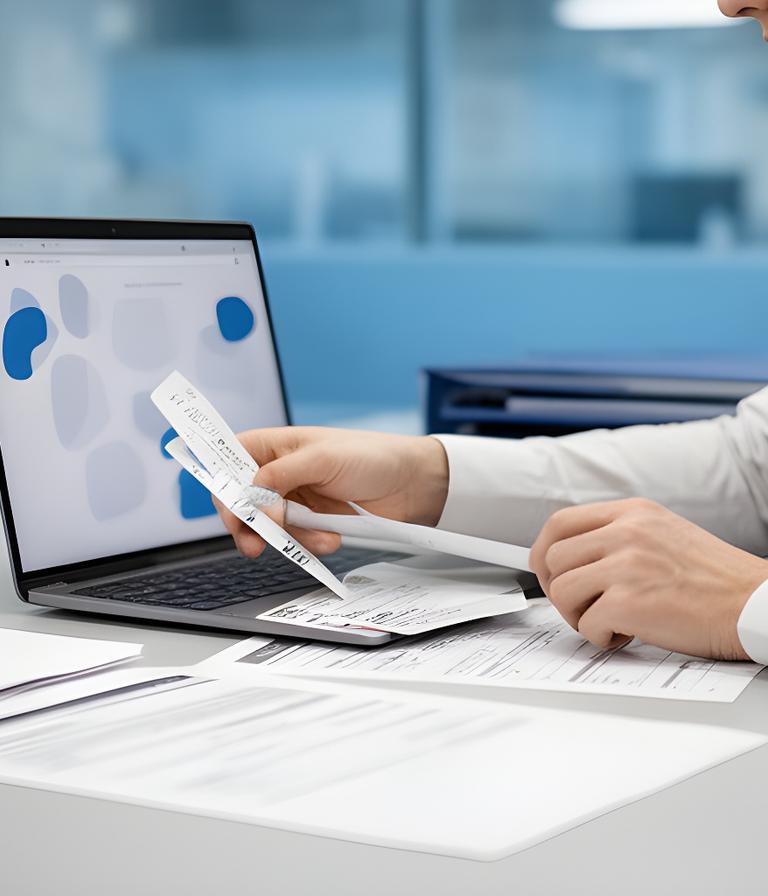 Cleaning office manager confirming a booking request beside a laptop and paper notes